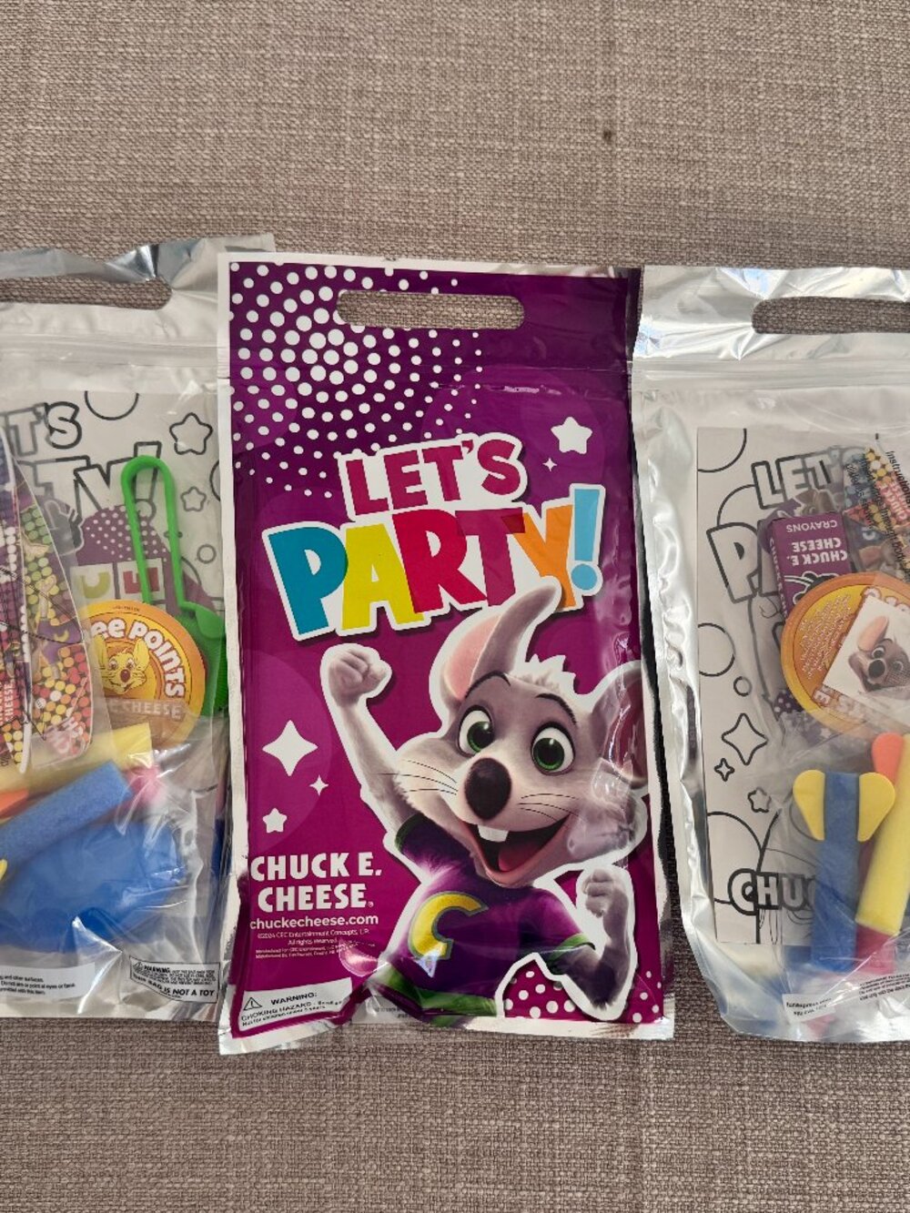 Chuck E. Cheese Let's Party Favor Goodie Bags Toy Activity Pack Set Lot of 3